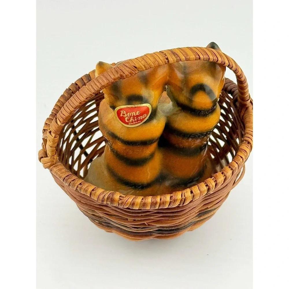 Vintage Bone China Japan Kittens In Rattan Woven Basket. Decorative Piece